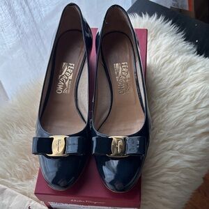 Salvatore Ferragamo Vara Heels in “Oxford Blue” with Gold Accent